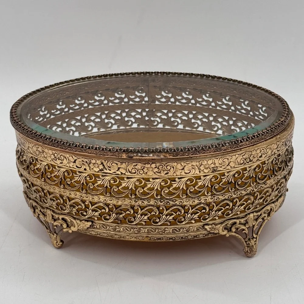 Vintage Ormolu Filigree Jewelry Casket Glass Vanity Box Hollywood Regency